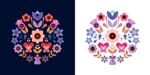 Two options of a round shape decorative floral design isolated on a dark blue and on a white backgrounds, vector illustration.