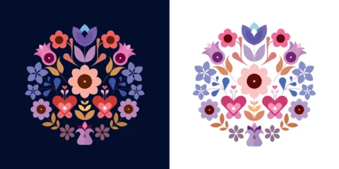 Fotobehang Two options of a round shape decorative floral design isolated on a dark blue and on a white backgrounds, vector illustration. ©  danjazzia