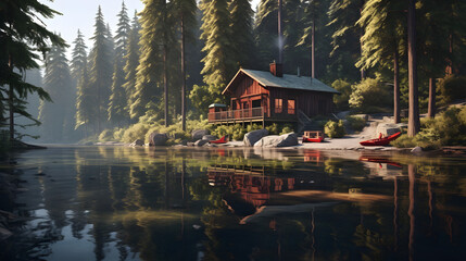 A serene lakeside cabin surrounded by towering trees and calm waters created with Generative AI technology