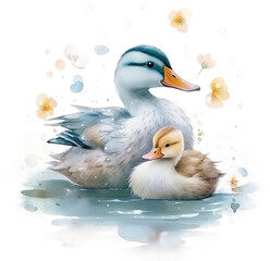 Mother and daughter duck swimming watercolor style, PNG watercolor