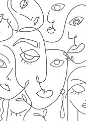 Women faces line art. Abstract minimal women portraits for shirt print or poster. Line drawing vector illustration isolated on white