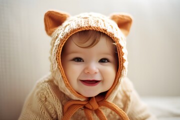 Portrait of a cute little girl in a warm hat and scarf
