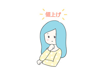 値上げラッシュに悩む主婦　グラフ　価格高騰　物価高　イラスト　余白スペース