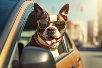 Dog with sunglasses and tongue out in a car. Generative ai
