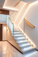 White marble U shape stair, led stripe light staircase
