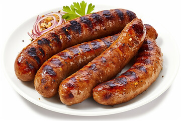 Grilled sausages on a plate isolated on white background - obrazy, fototapety, plakaty
