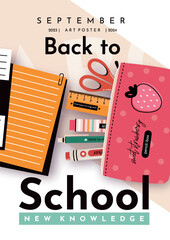 School poster with stationery. Back to School. Notebooks, pens, markers,pencil case, erasers, scissors, ruler . Elements and objects on school themes, simple flat background. 