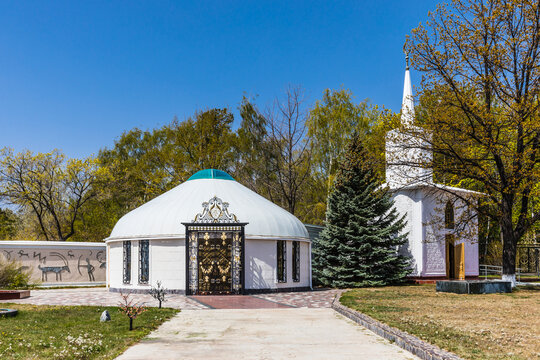 Cholpon-Ata, Kyrgyzstan - May 9, 2023:  the Cultural Center "Rukh Ordo" named after Aitmatov - an open-air museum on the shore of Issyk-Kul lake
