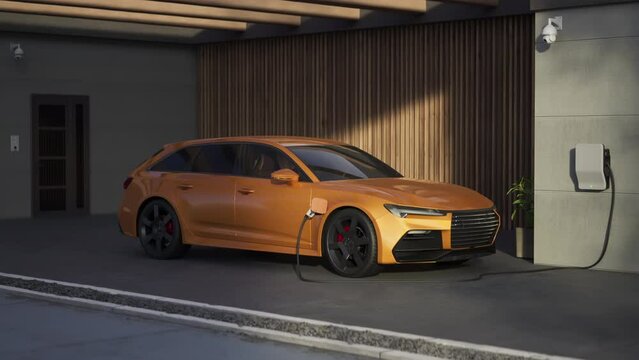 Generic electric vehicle EV hybrid car is being charged from a wallbox on a contemporary modern residential building house