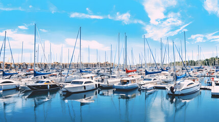 Fototapeta premium A panoramic view of a bustling marina filled with sailboats and yachts created with Generative AI technology