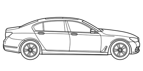 Classic business class sedan car. 4 door car on white background. Side view shot. Outline doodle vector illustration	