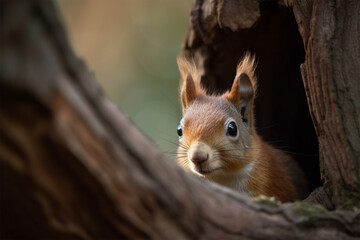 Naklejka na ściany i meble cute squirrel peeking from behind the tree