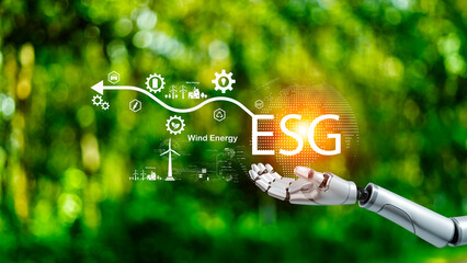Net zero, ESG concept. AI, machine learning, robotic hand and human touch. wind energy icon...