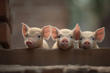three cute pigs peeking from the wall