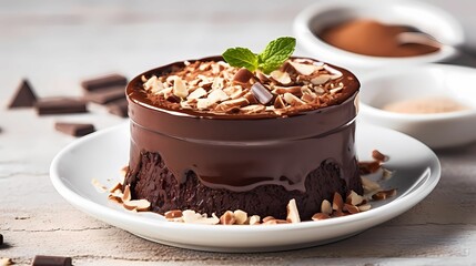Chocolate pudding with almond garnish. Chocolate cake on white plate 