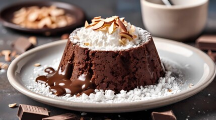 Fototapeta na wymiar Chocolate pudding with almond garnish. Chocolate cake on white plate 