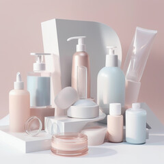 set of cosmetic products, pastel color, pink