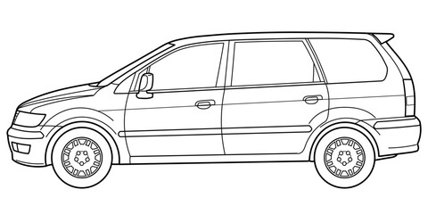 Classic van bus car. Side view shot. Outline doodle vector illustration	
