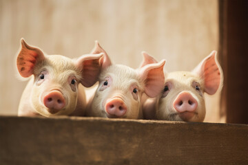 three cute pigs peeking from the wall