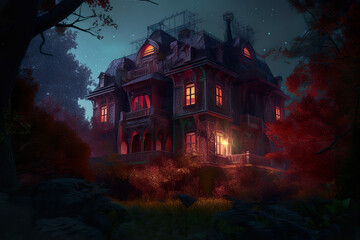 Fototapeta na wymiar Luminous Haunt: Massive Vampire Mansion Illuminated in the Darkness - Illustration, halloween scene