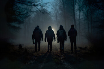 Young Adults Embarking on a Nighttime Forest Trek
