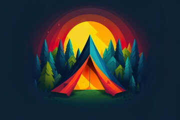 Colorful Illustration of a Tent in the Forest at Sunset