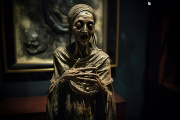 Ancient Secrets: Petrified Mummy on Display in a Museum