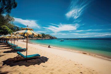 Fototapeta na wymiar Beautiful sandy beach with clear water and sun loungers