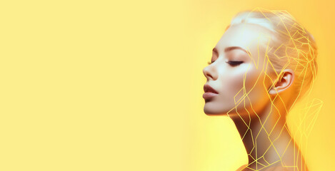 Woman young virtual make up face digital analysis by artificial intelligence concept, banner illustration yellow background. Generative AI