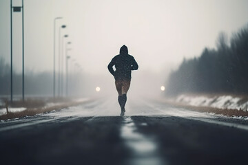 Young man running in winter, snowy weather
