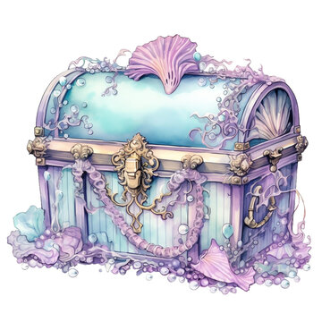 Pastel Treasure Chest with Jewelry, Mermaid Treasure, Mermaid Watercolor Clipart Illustration, made with generative AI