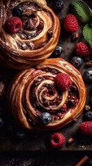 Fototapeta premium Close-up of cinnamon buns drizzled with icing and berries decor, created with generative ai. Top view. Dark background
