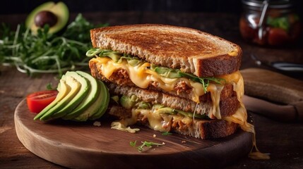 Brown bread toasts with grilled cheese and avocado on  wooden background. AI generated