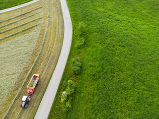 Aerial view of the tractor during the hay harvest