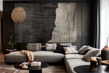  wabi sabi style wall art in living room Gray and black, generative AI