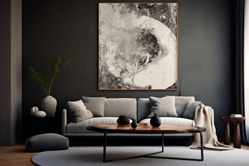  wabi sabi style wall art in living room Gray and black, generative AI
