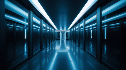 Fototapeta premium Blue abstract futuristic tunnel with neon lines. Generative AI