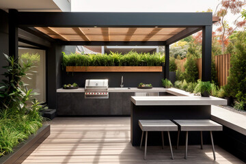 outdoor patio entertainment area with a built - in barbecue and a bar setup. generative AI