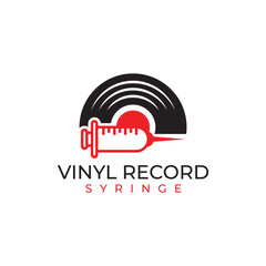 Vinyl Record Syringe Logo, simple, minimalist and modern, suitable for the technology industry, entertainment, dj, music lover, music fever, health, medical etc.