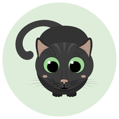 Cute cat with big green eyes looking up, top view. Lovely kitten art, flat vector illustration.