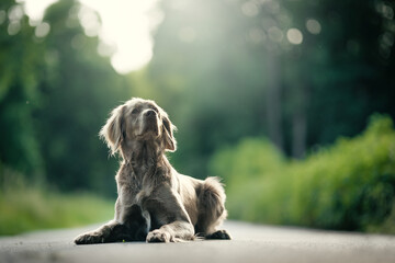 Long haired Weimaraner dog portrait in nature