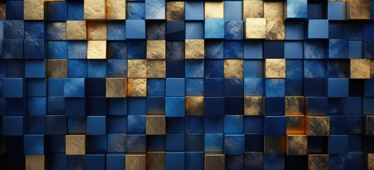 Dark blue and gold cube or tile mosaic abstract background. Gold and blue cubes randomly arranged in a grid. hand edited generative AI. 