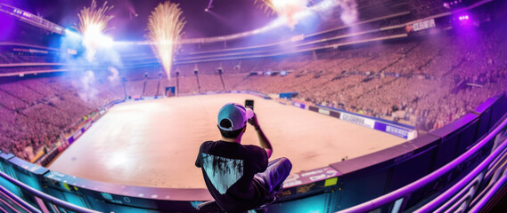 Crowd or participant holding a smart phone at a stadium action sporting event or game . Large cheering crowd and fireworks. hand edited generative AI.
  