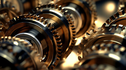 Gear metal wheels, part of machine, production, close-up, new wave concept