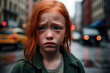 Fototapeta na wymiar AI generated portrait of candid authentic fright redhair little girl at urban street background