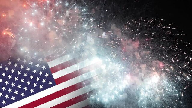 4th of July celebration 4K video. Flag of the United States and real fireworks display