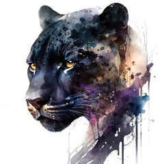 Black panther portrait in watercolor style, PNG background