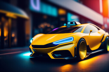 Yellow modern futuristic taxi car with colourful illuminated city, town. city neon lights. sunset rays between skyscrapers. Future urban scene. one curvy cab vehicle. night scene. Generative ai.