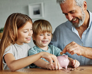 child money saving grandfather family coin senior grandchild bank piggybank  finance happy...