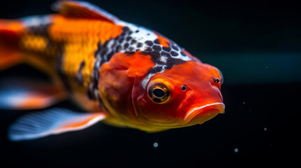 Close up of colorful koi fishes in clear water. AI generative